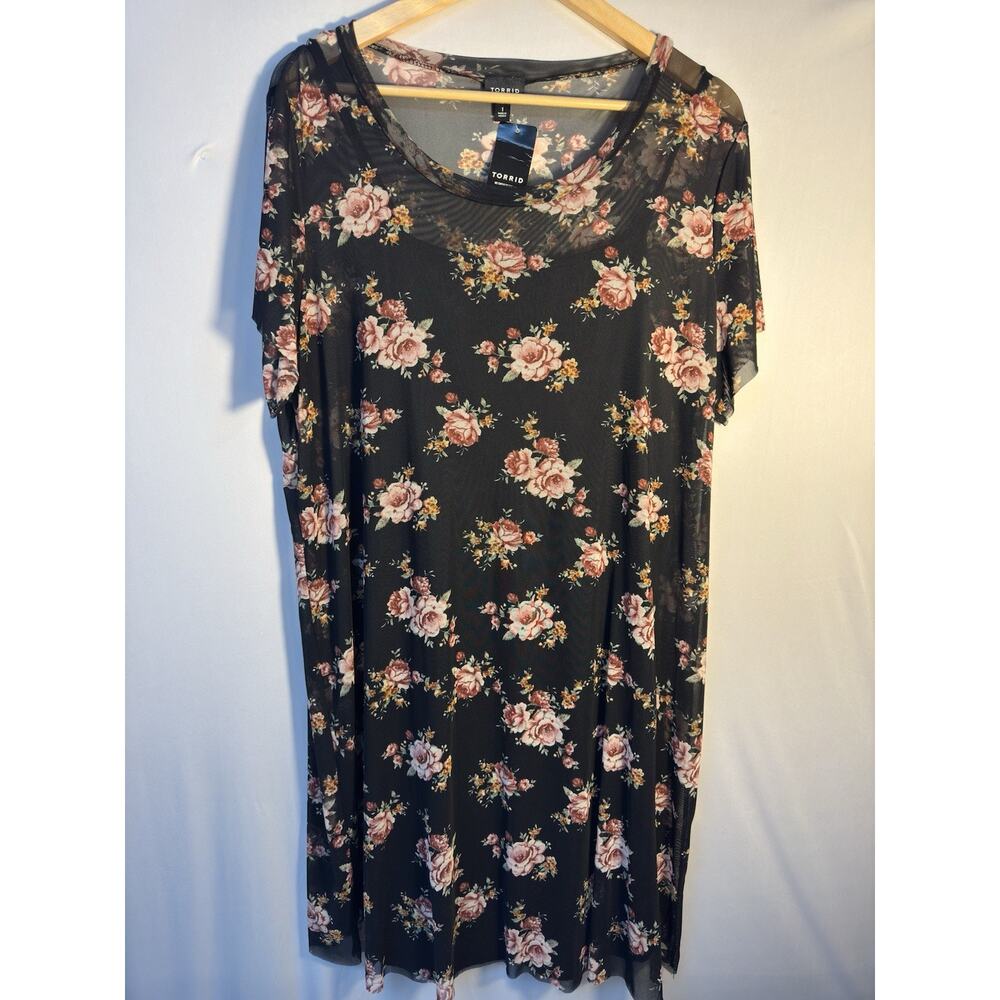 Torrid Floral Mesh Dress 1X Black Sheer Overlay Stretch Boho Romantic NWT